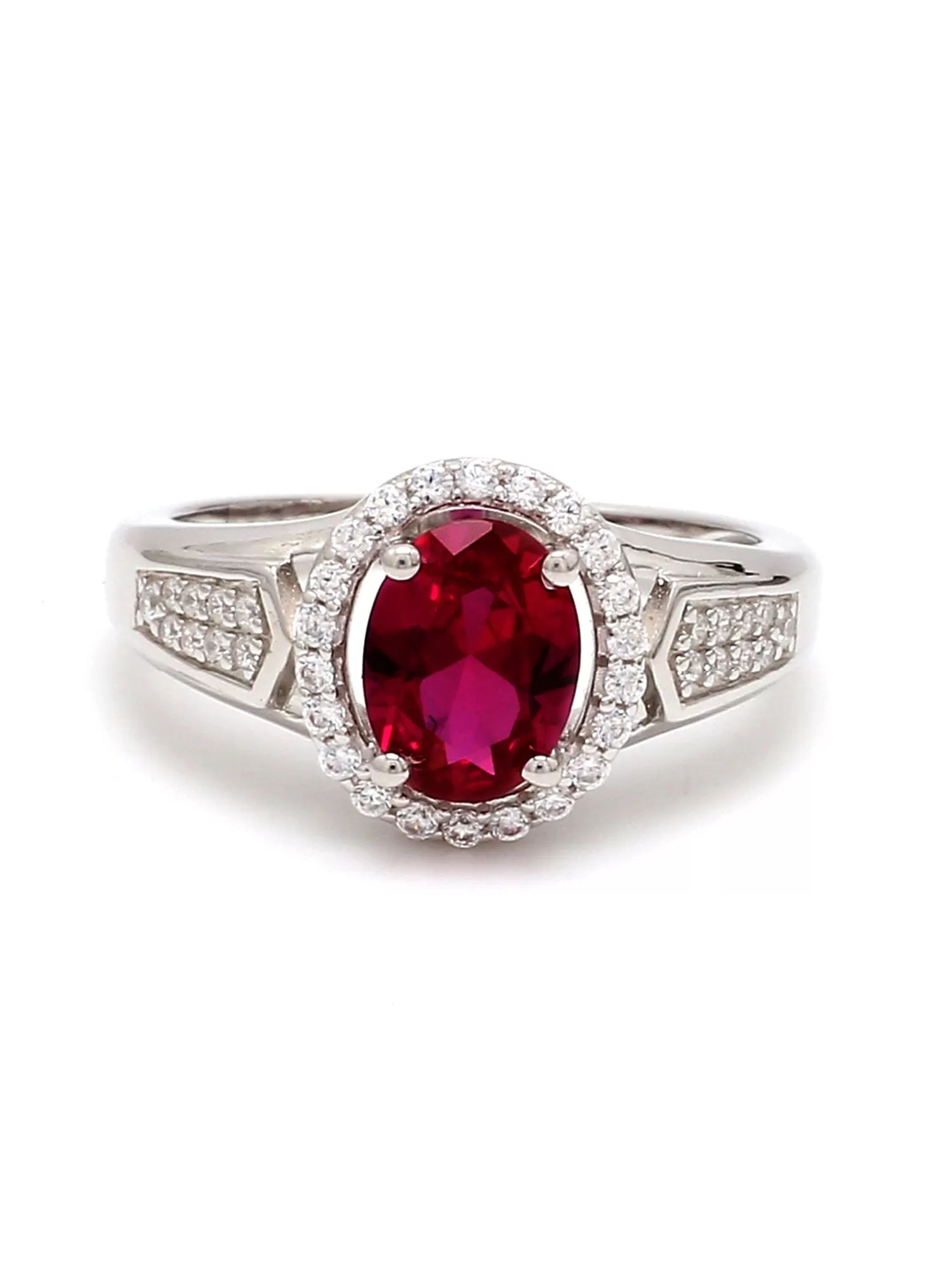 Red Ruby Halo Silver Ring For Women