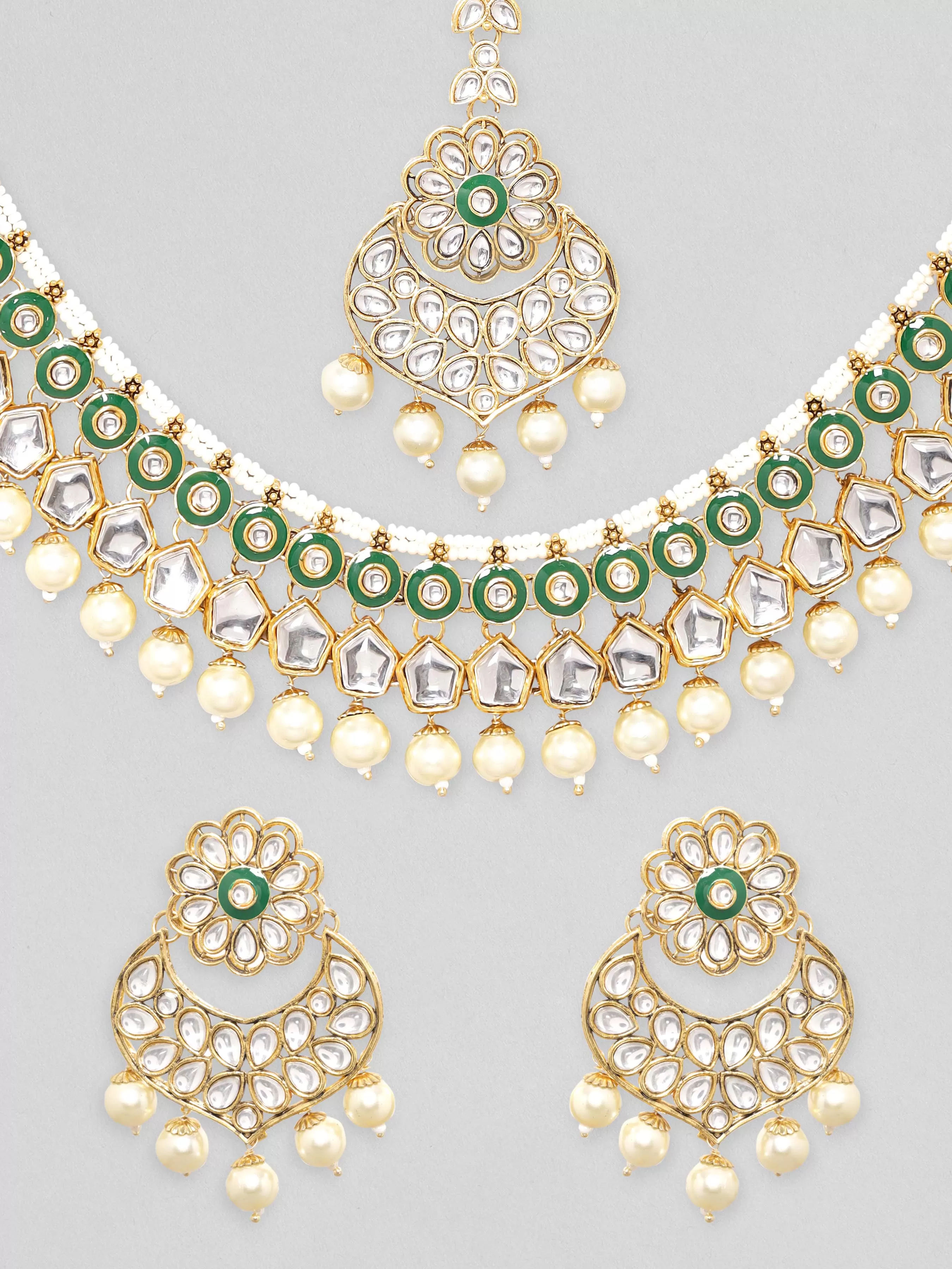 Rubans 24K Gold Plated Kundan Studded Green Enemal Pearl Beaded Jewellery Set