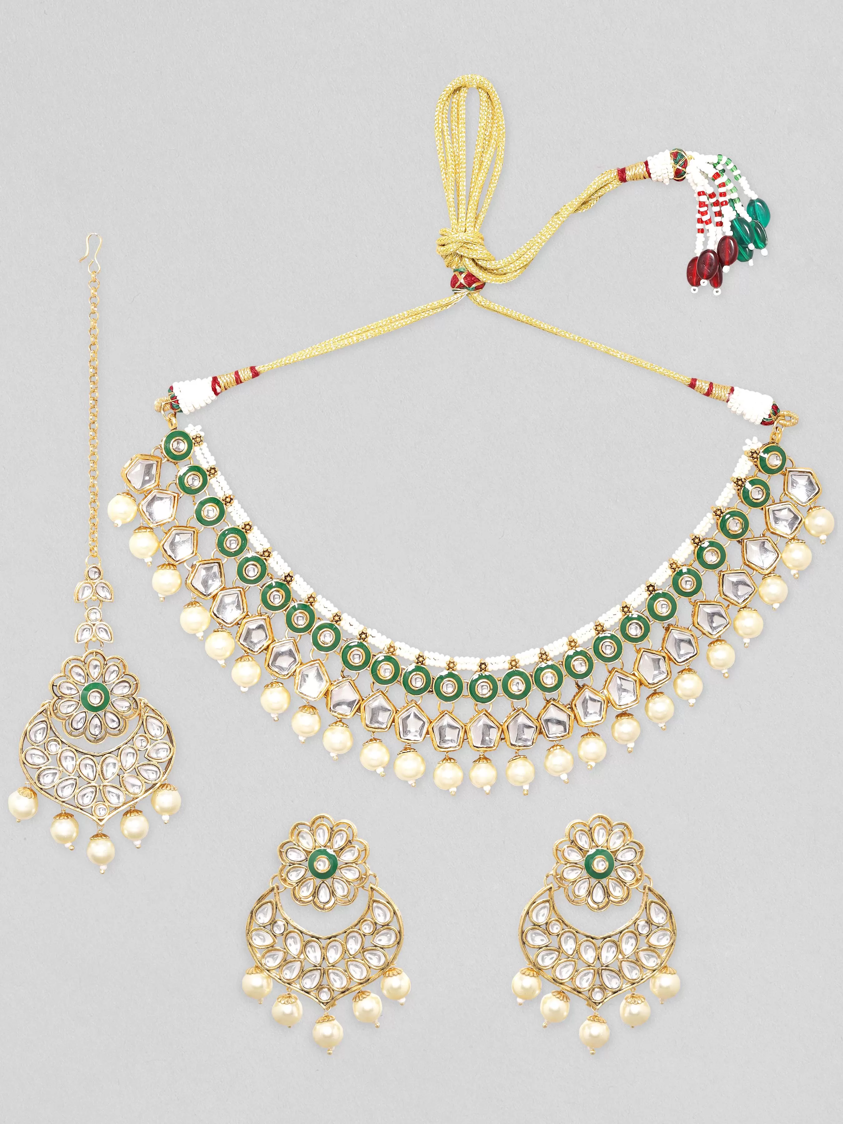 Rubans 24K Gold Plated Kundan Studded Green Enemal Pearl Beaded Jewellery Set