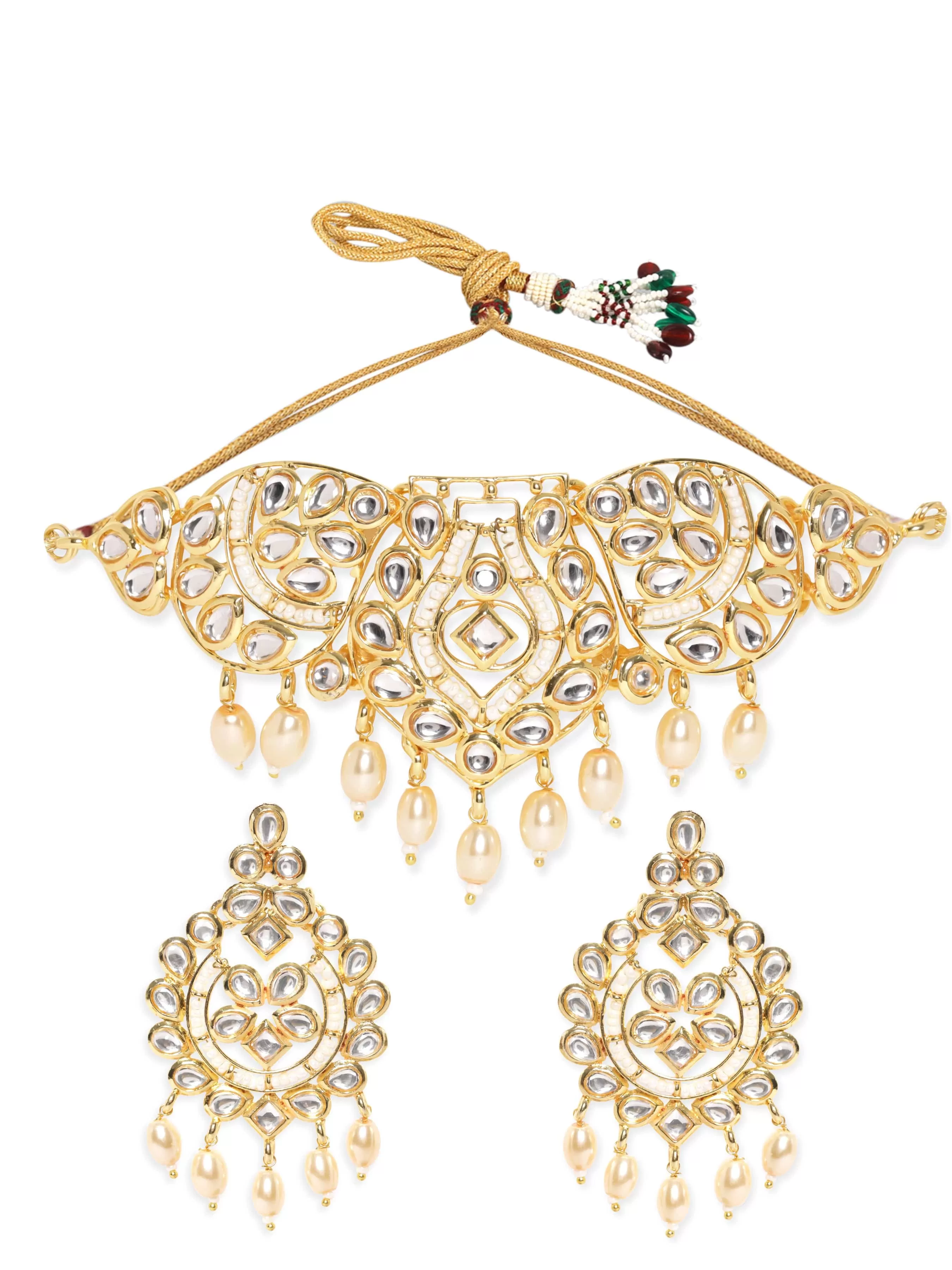 Rubans Kundan Choker Necklace Set with White Beads