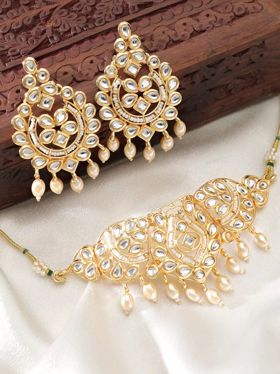 Rubans Kundan Choker Necklace Set with White Beads