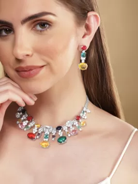 Rubans Rhodium Plated Multicolour Premium Zirconia Necklace Set