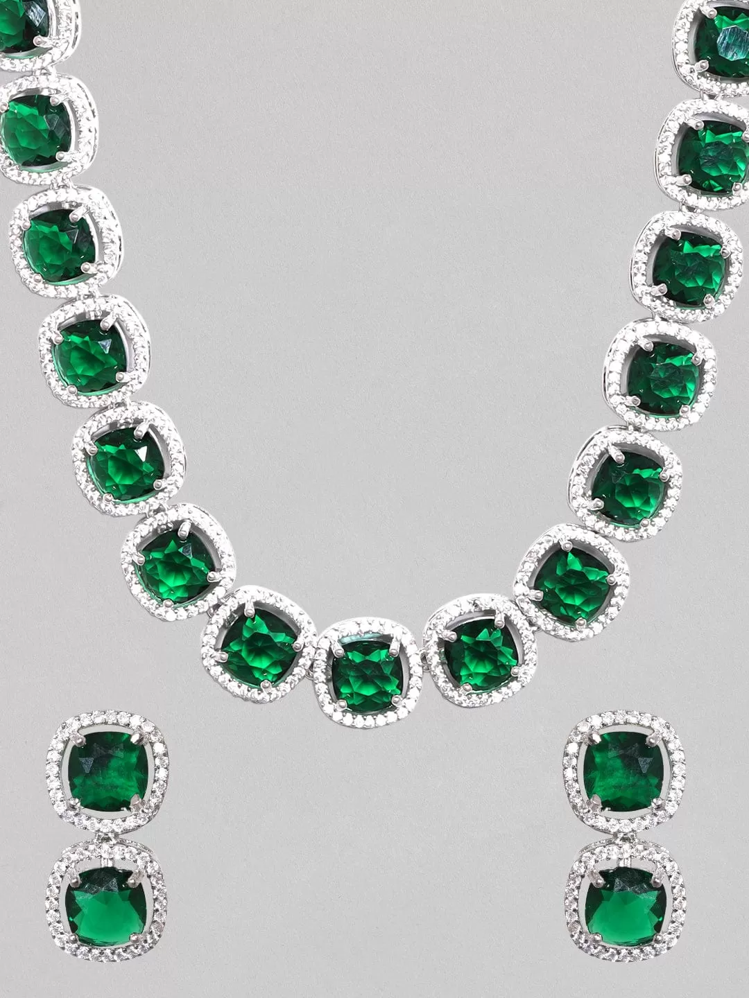 Rubans Rhodium Plated Premium White & Emerald Zircons Necklace Set.