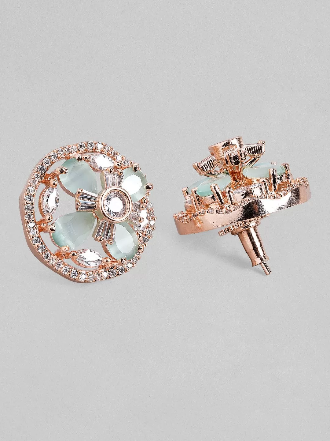 Rubans Rose Gold Plated Pastel Green & Zirconia Stone Studded Stud Earrings.