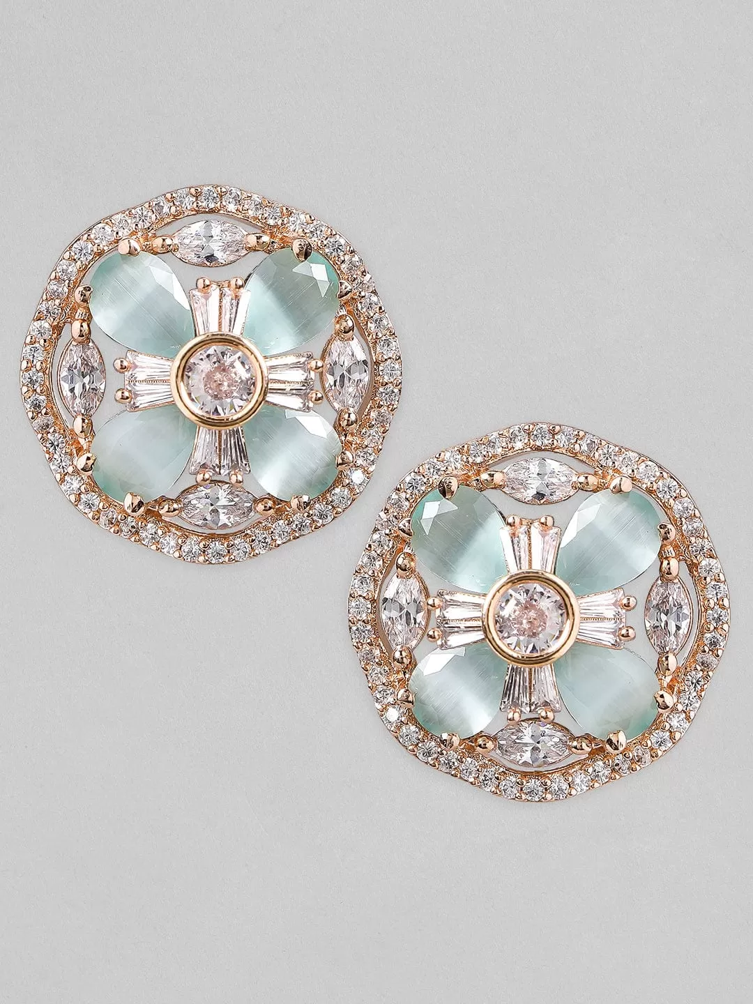 Rubans Rose Gold Plated Pastel Green & Zirconia Stone Studded Stud Earrings.