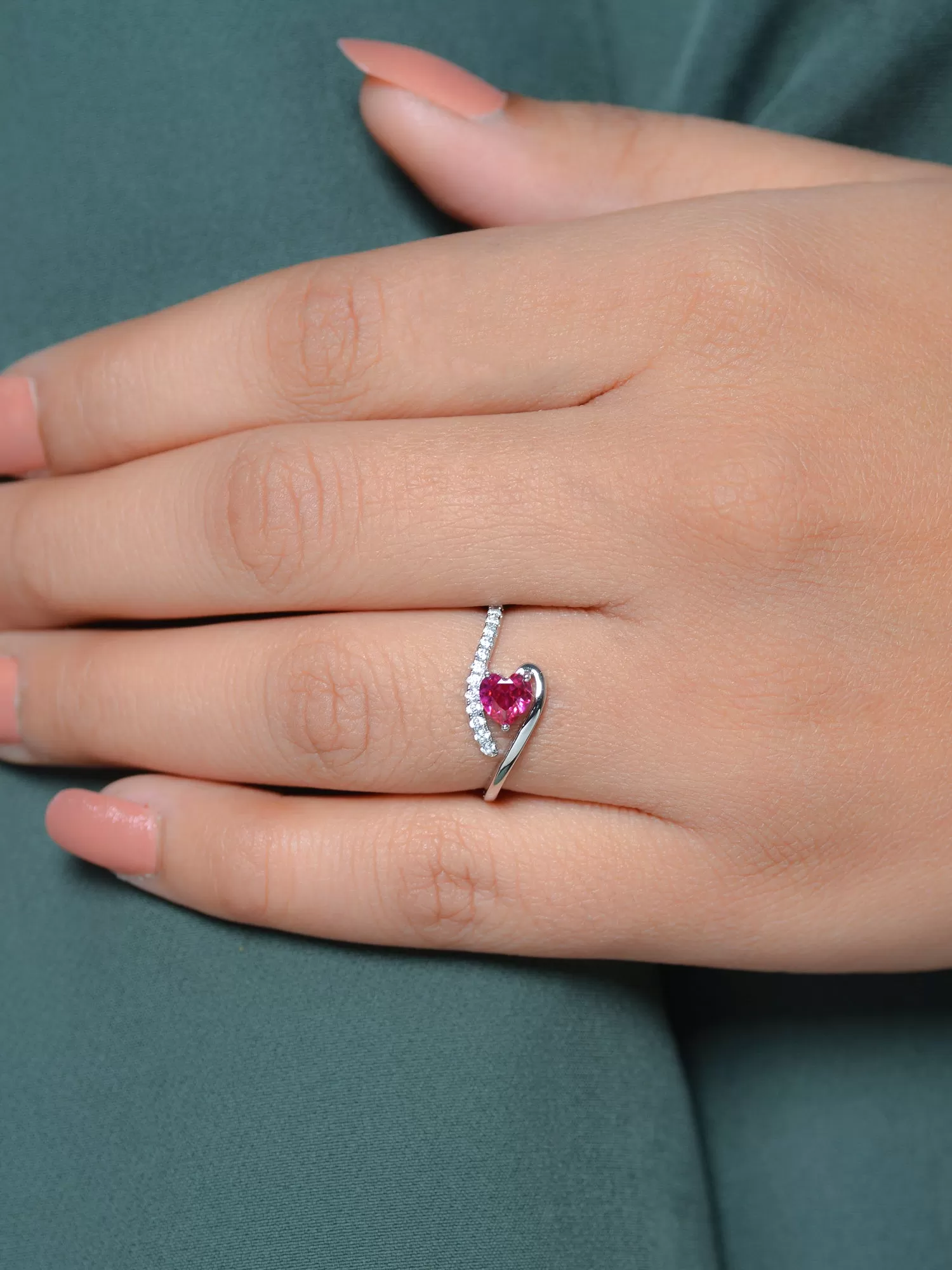 Ruby Heart American Diamond Ring In Silver