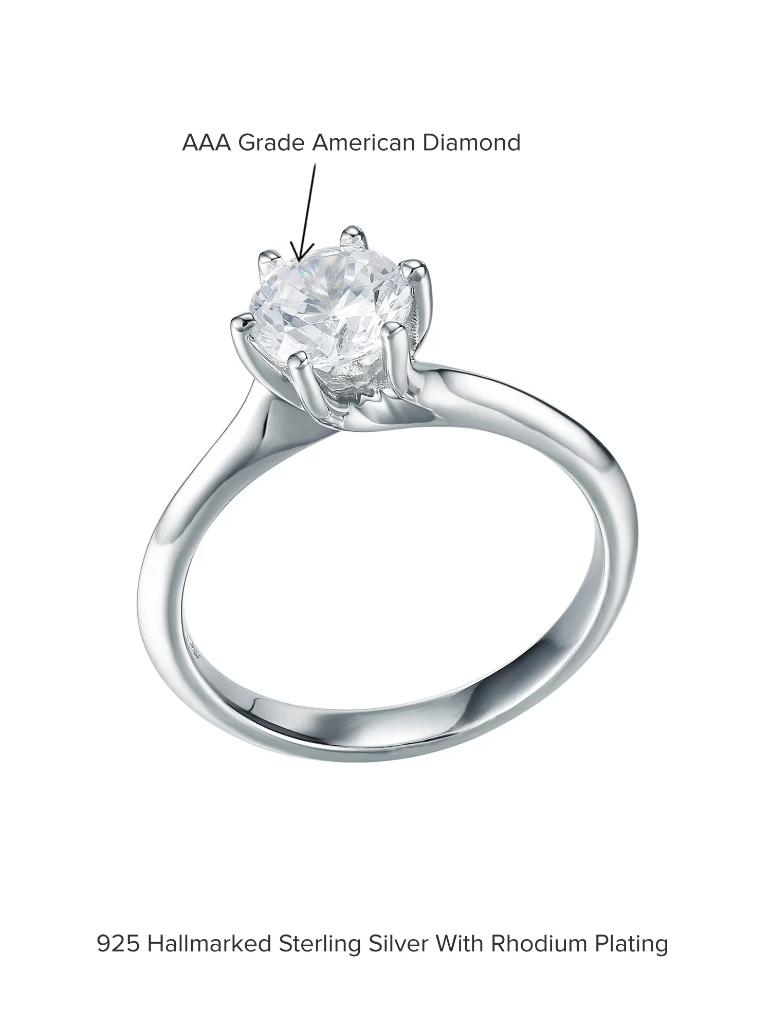 Six Prong 2 Carat Solitaire American Diamond 925 Silver Ring