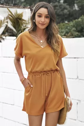 Sunset and Swim Drawstring Waist V-Neck Cuffed Romper