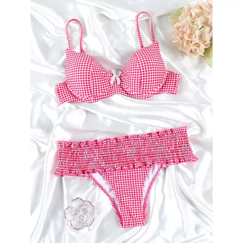 Sweetheart Ruffle Plaid Bow Bikini