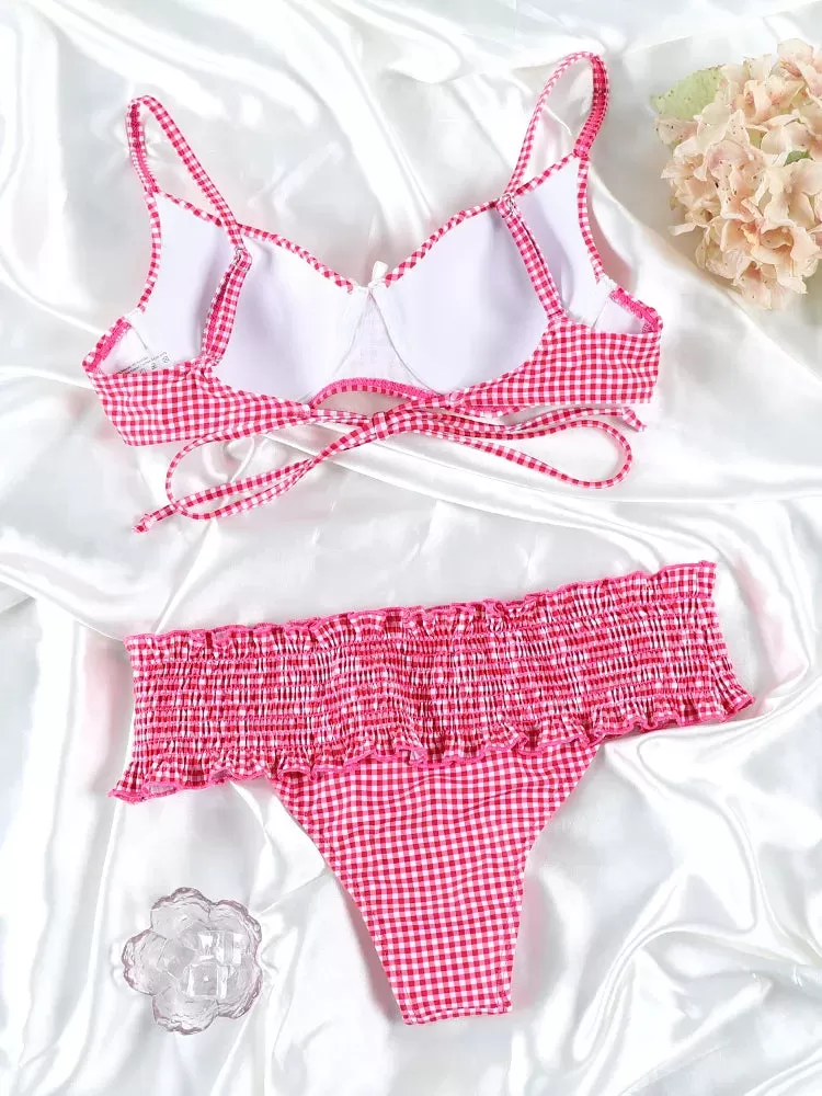 Sweetheart Ruffle Plaid Bow Bikini