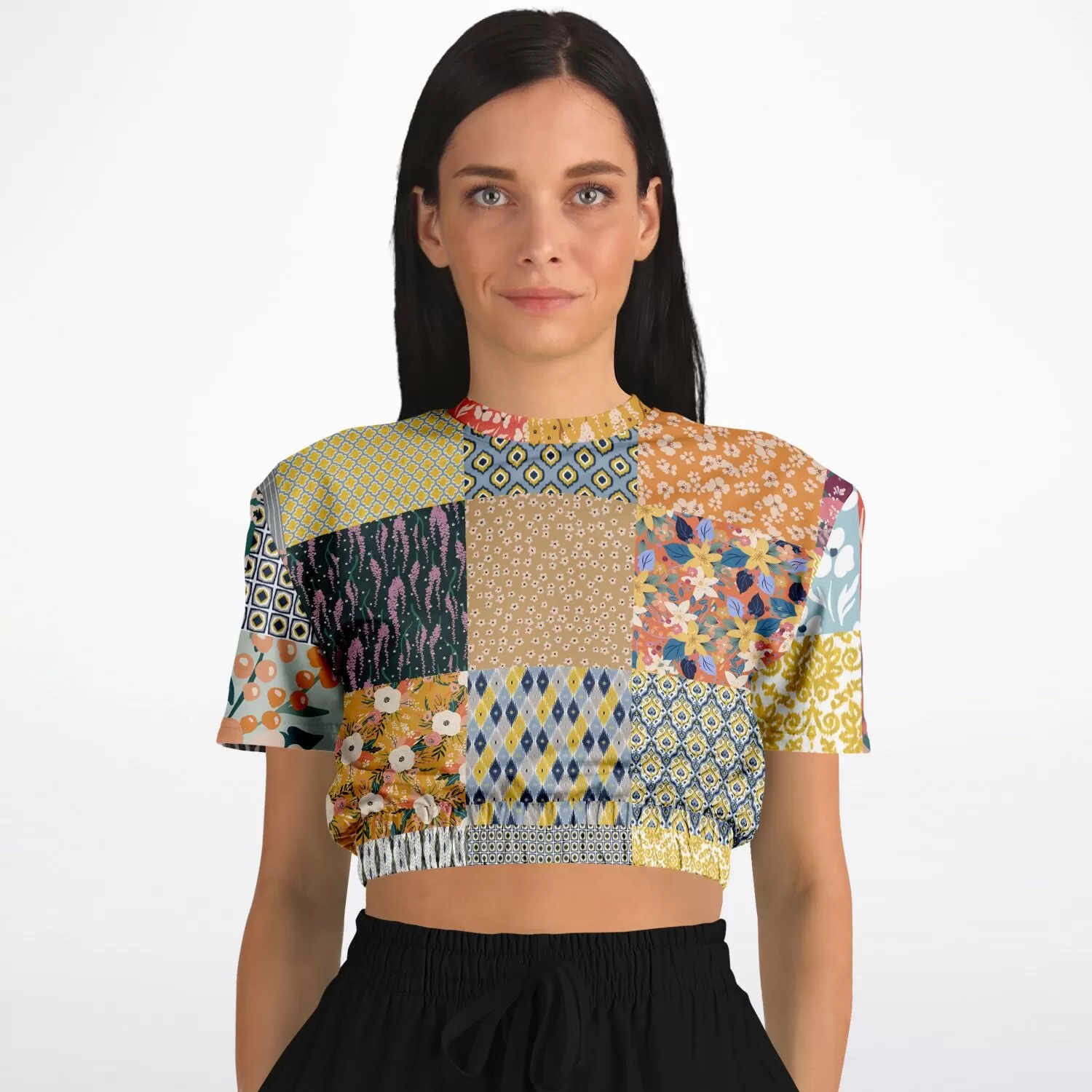 Tallulah Bankhead Patchwork Quilt Short Sleeve Cropped Eco-Poly Sweater