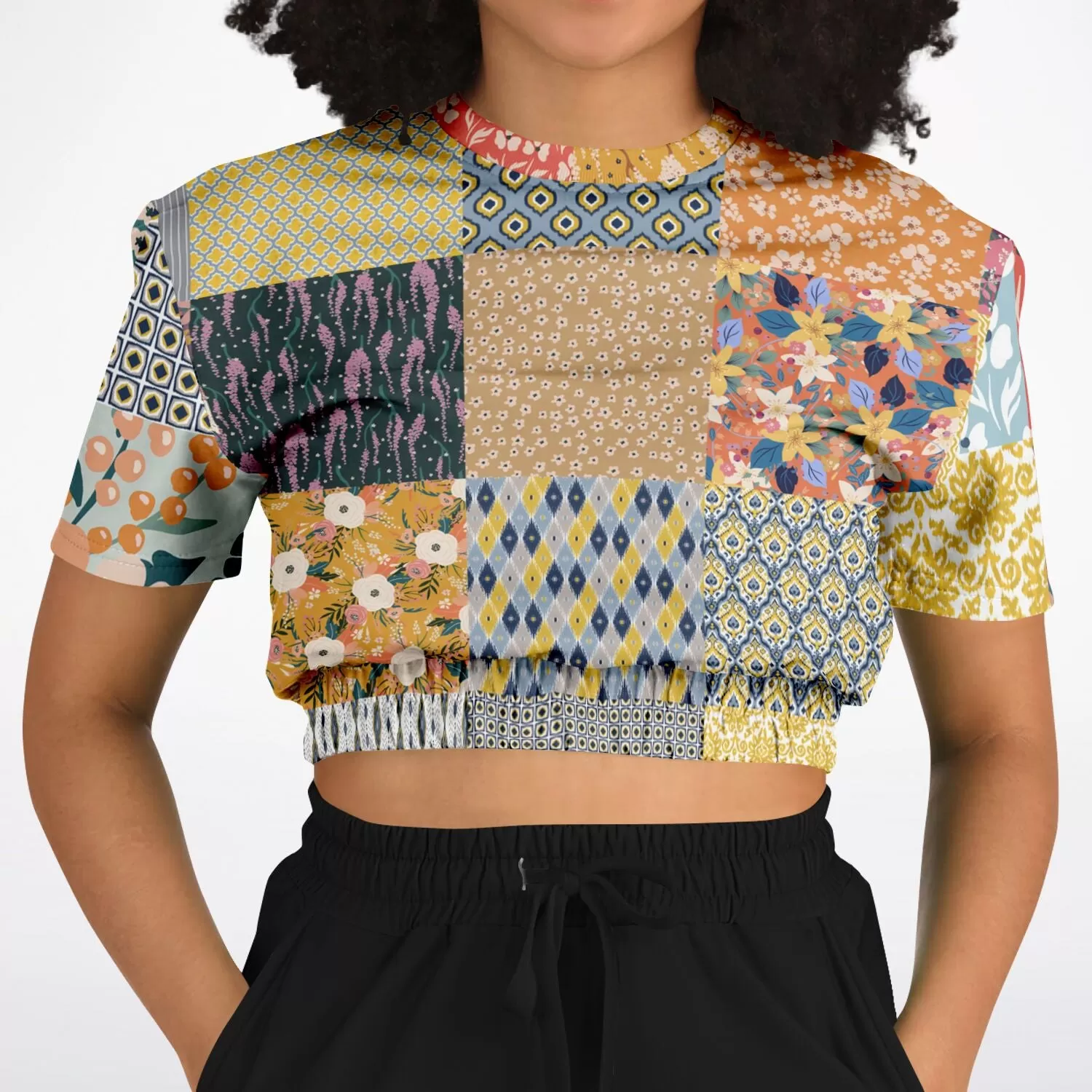 Tallulah Bankhead Patchwork Quilt Short Sleeve Cropped Eco-Poly Sweater