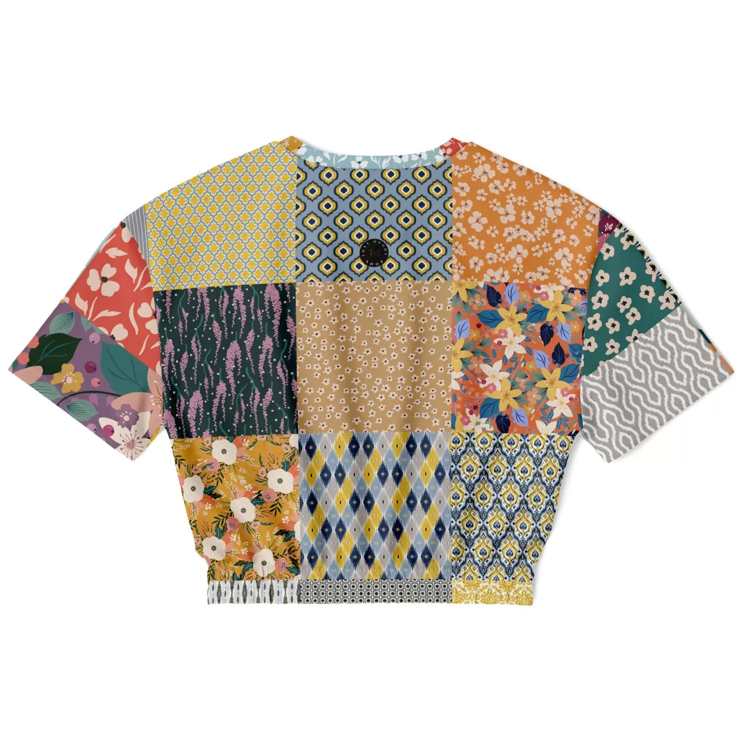 Tallulah Bankhead Patchwork Quilt Short Sleeve Cropped Eco-Poly Sweater