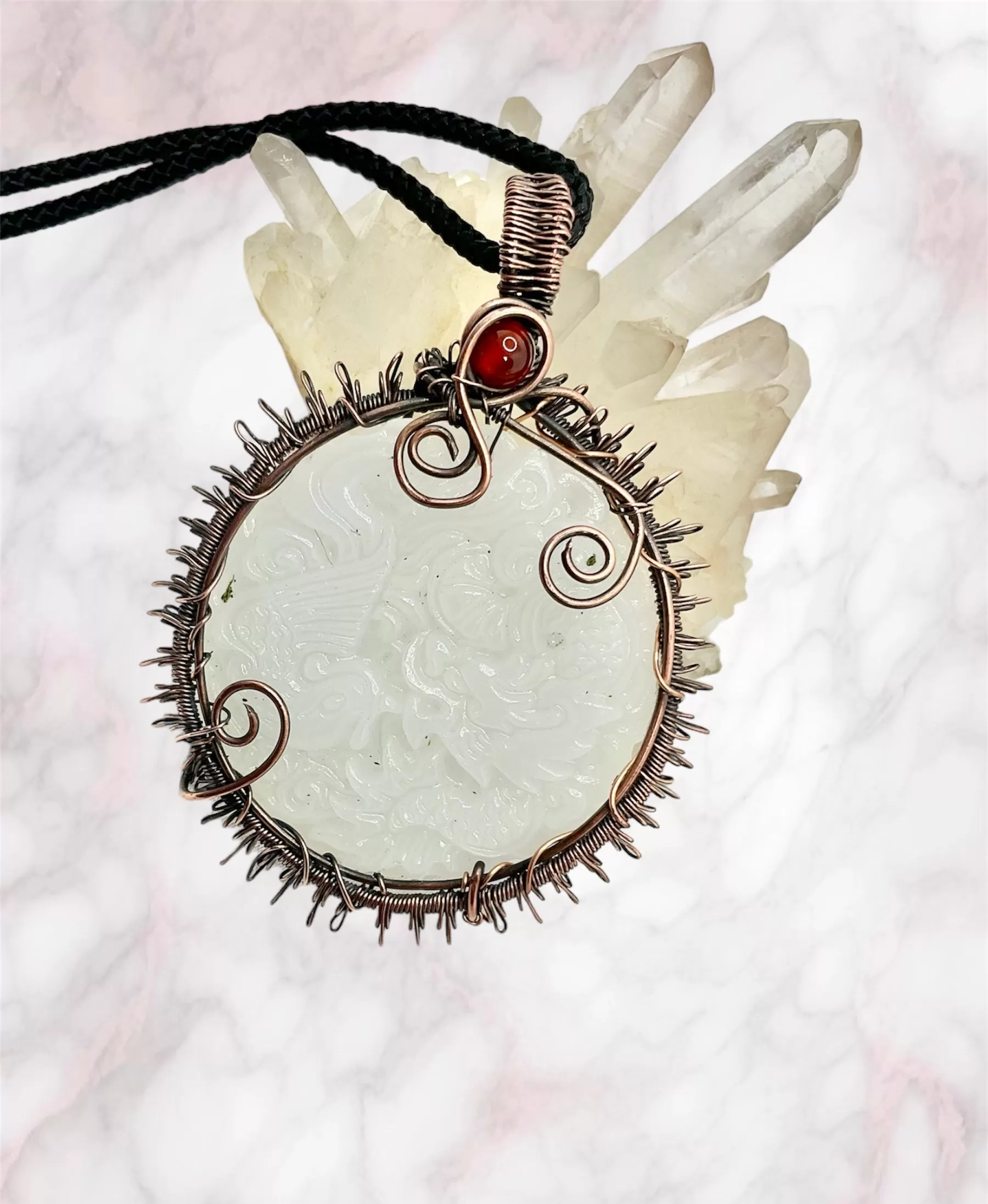 White Jade Phoenix & Dragon Sun Pendant