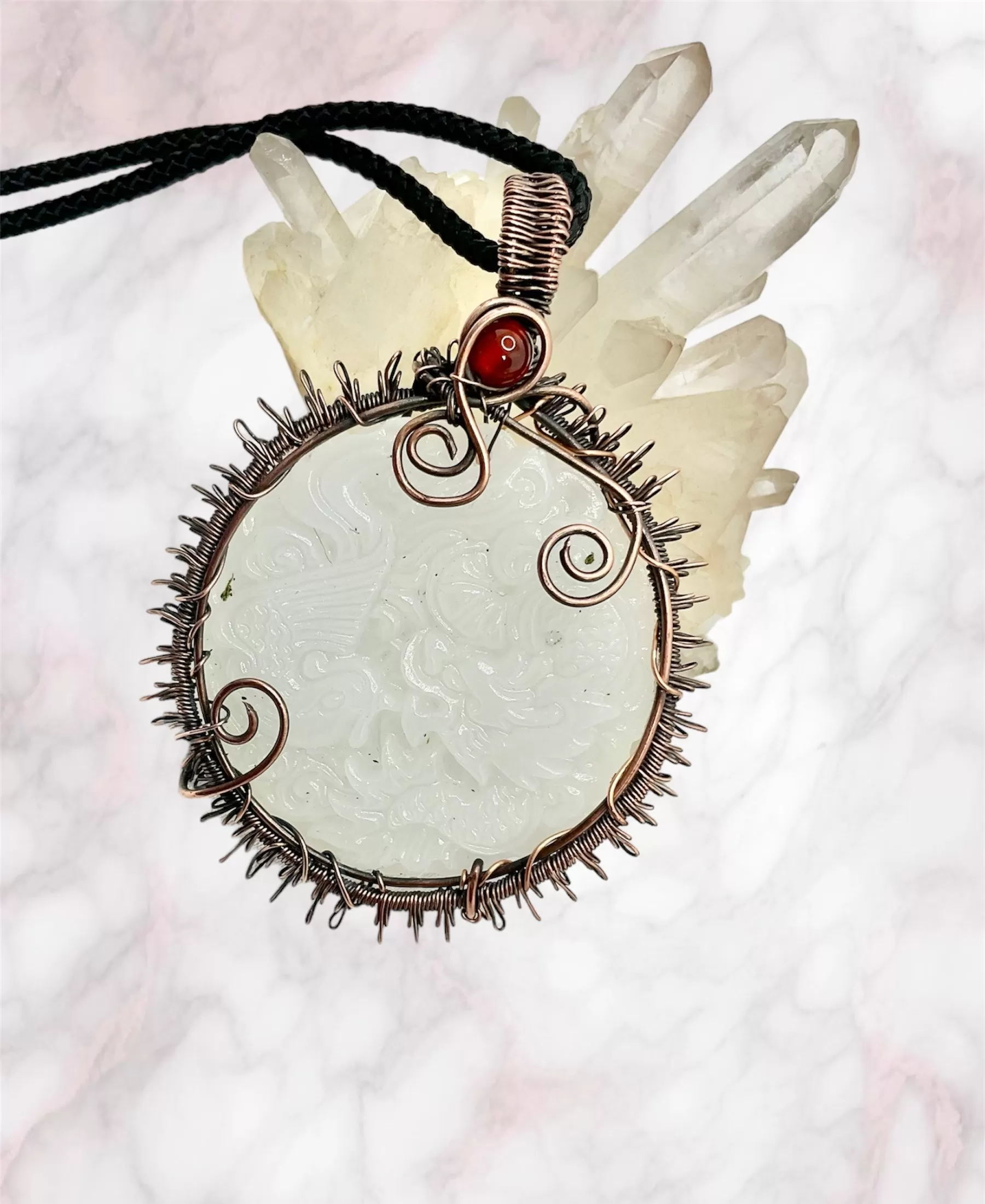 White Jade Phoenix & Dragon Sun Pendant