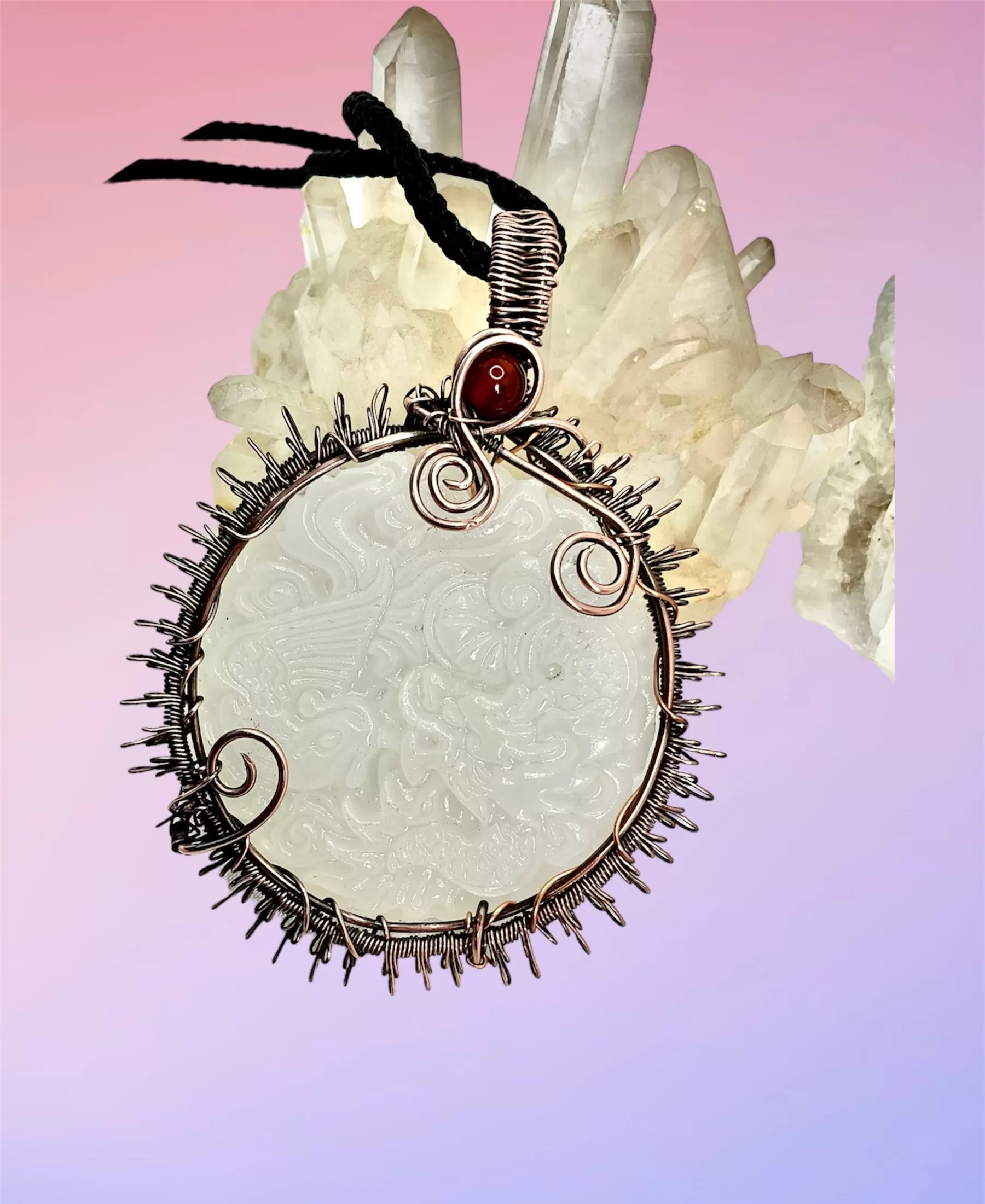 White Jade Phoenix & Dragon Sun Pendant