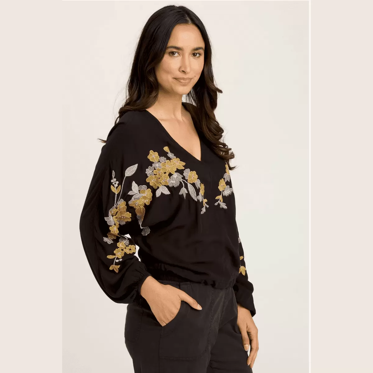 XCVI Floral Embroidery Cinch-Waist Dolman Sleeve Blouse in  Soft Pebble Pigment - Black