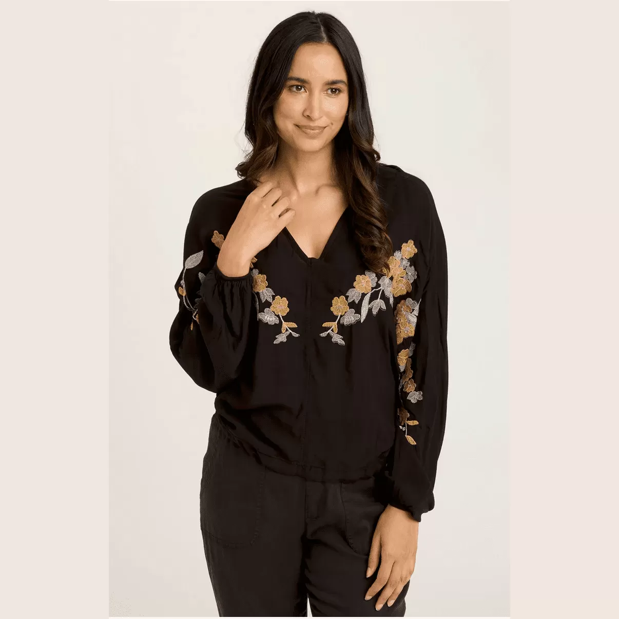 XCVI Floral Embroidery Cinch-Waist Dolman Sleeve Blouse in  Soft Pebble Pigment - Black